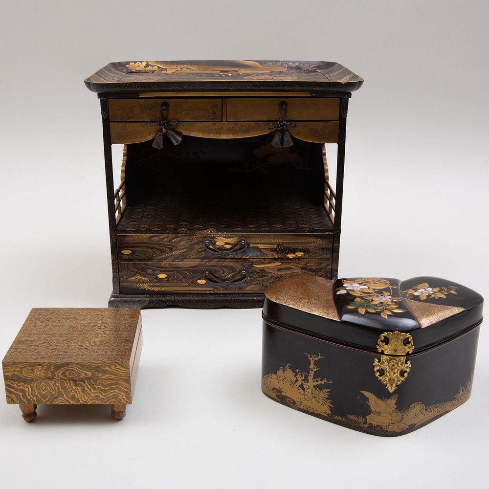 Appraisal: Japanese Lacquer Table Shrine and Two Boxes The largest x