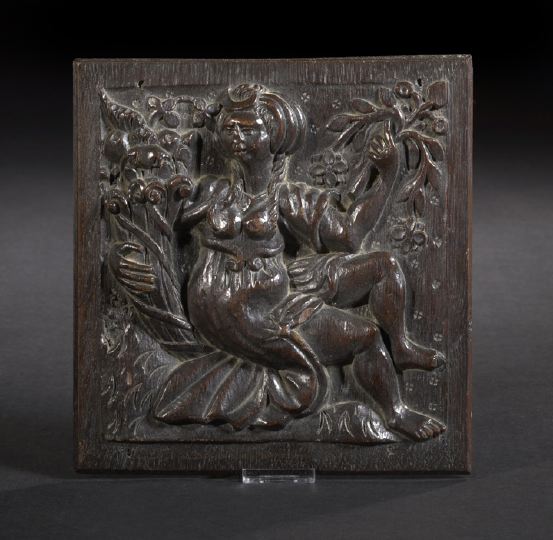 Appraisal: Continental Carved and Stained Oak Panel depicting a seated female