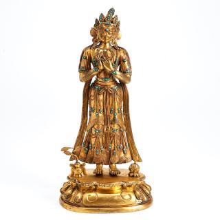 Appraisal: Sino-Tibetan standing Buddha th th c China gilt bronze mounted