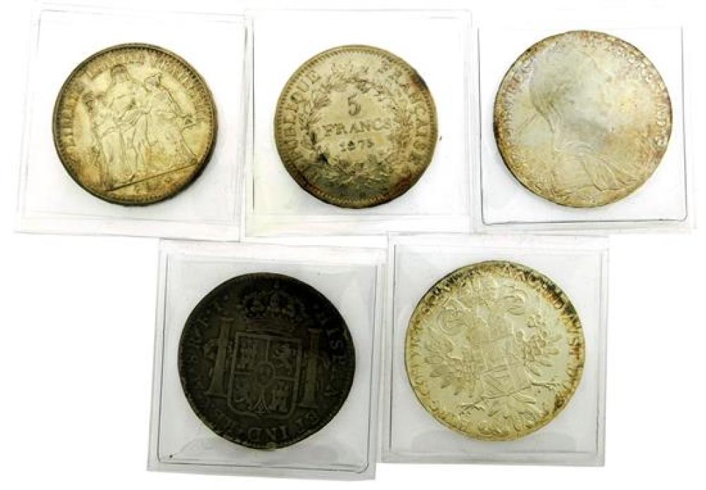 Appraisal: COINS Lot of five crown size world silver coins Includes