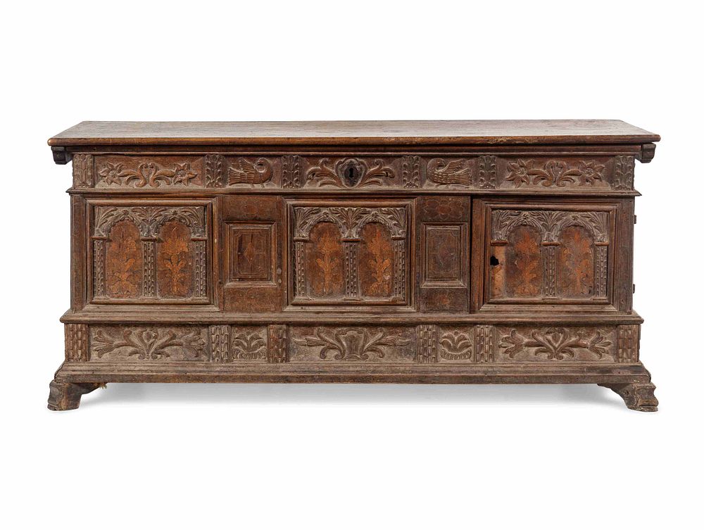 Appraisal: A Continental Carved and Inlaid Walnut Coffer A Continental Carved