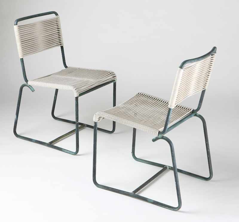 Appraisal: A pair of Walter Lamb verdigris bronze patio chairs Mid-