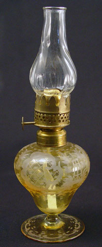 Appraisal: BOHEMIAN CUT TO CLEAR MINIATURE OIL LAMP Yellow glass cut