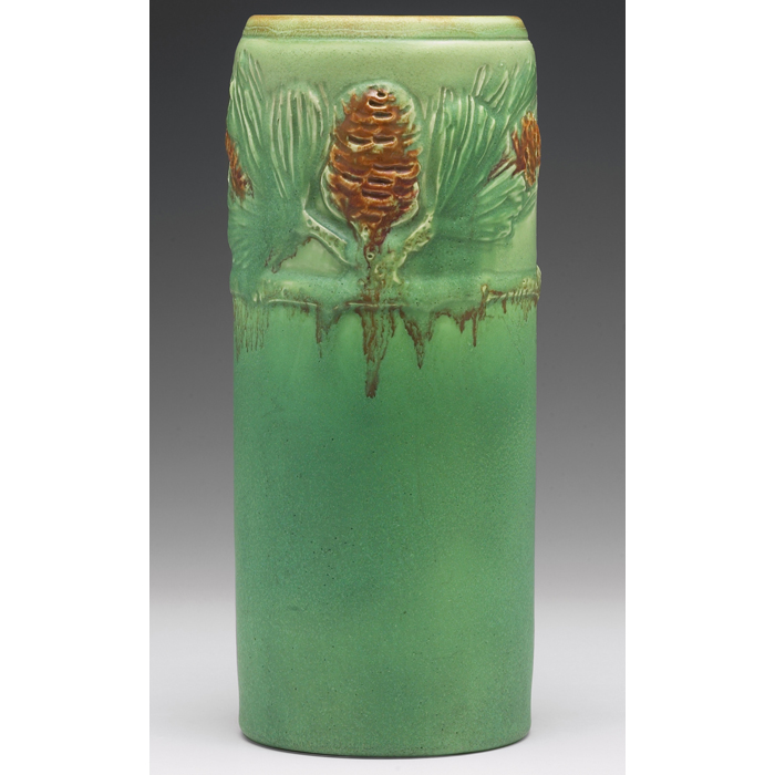 Appraisal: Unusual Rookwood vase large cylindrical shape with a raised pinecone