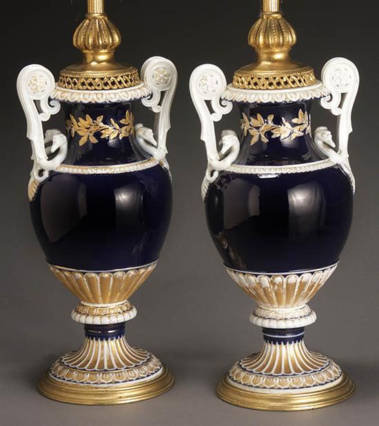 Appraisal: Pair of Meissen Gilt Decorated Cobalt Blue Urns - Each