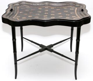 Appraisal: LACQUERED TOLE TRAY TABLE LACQUERED TOLE TRAY TABLE H W