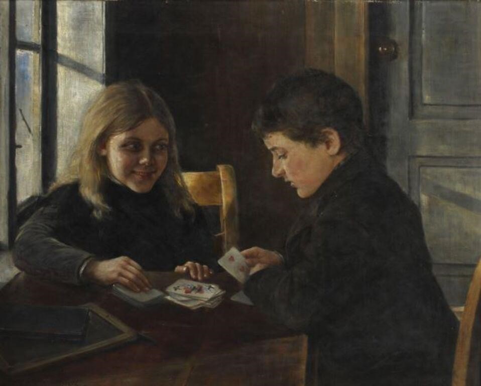 Appraisal: FRAMED OIL CANVAS PAINTING CHILDREN PLAYING CARDSFramed oil on canvas