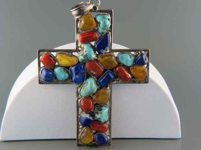 Appraisal: Gemstone Sterling Cross turquoise lapis coral amber '' x ''