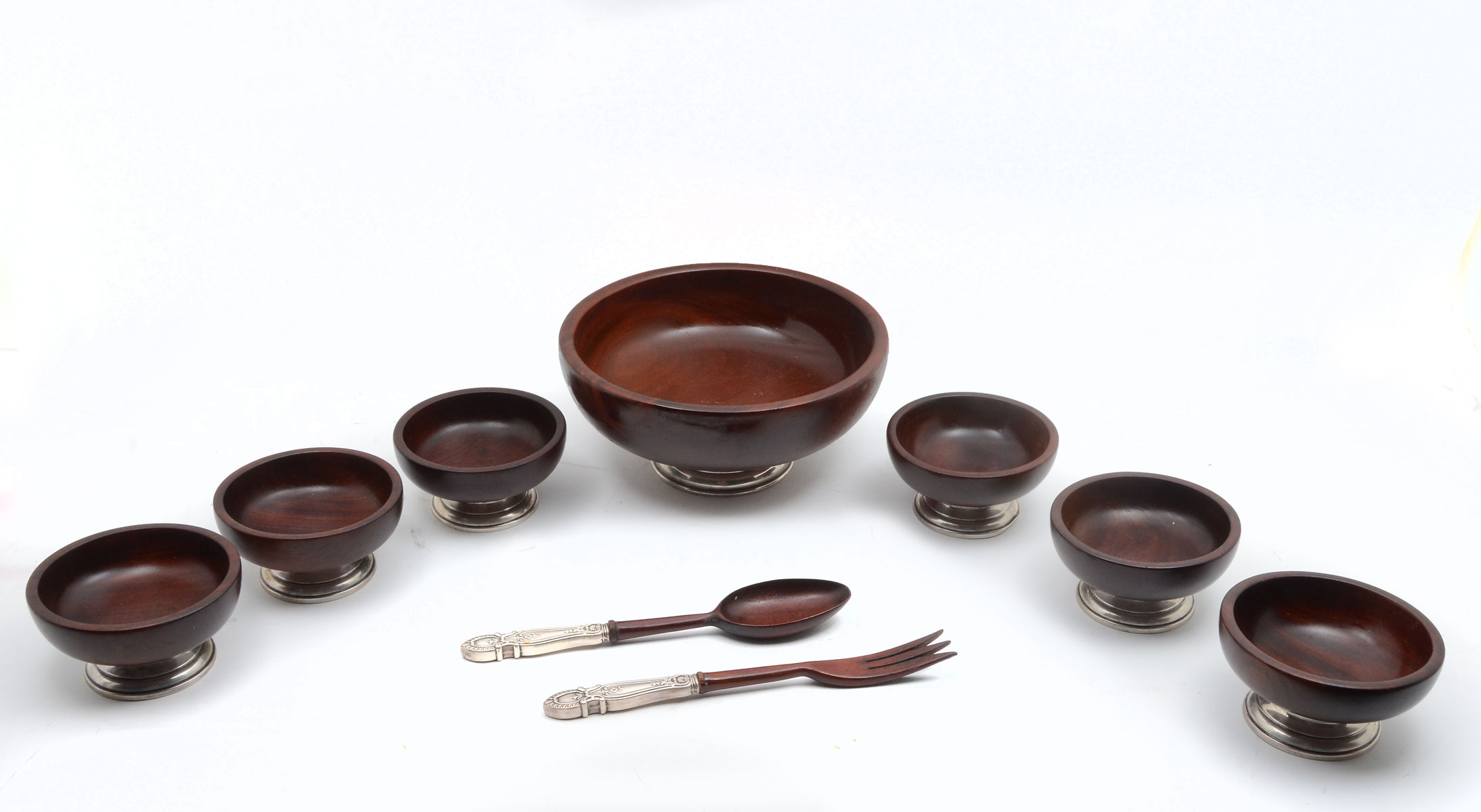 Appraisal: HUNT STERLING SILVER WOOD MID-CENTURY SALAD SET Comprising - Large