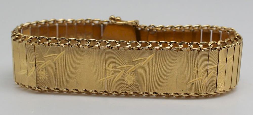 Appraisal: JEWELRY Spanish kt Gold Etched Bracelet Spanish kt yellow gold