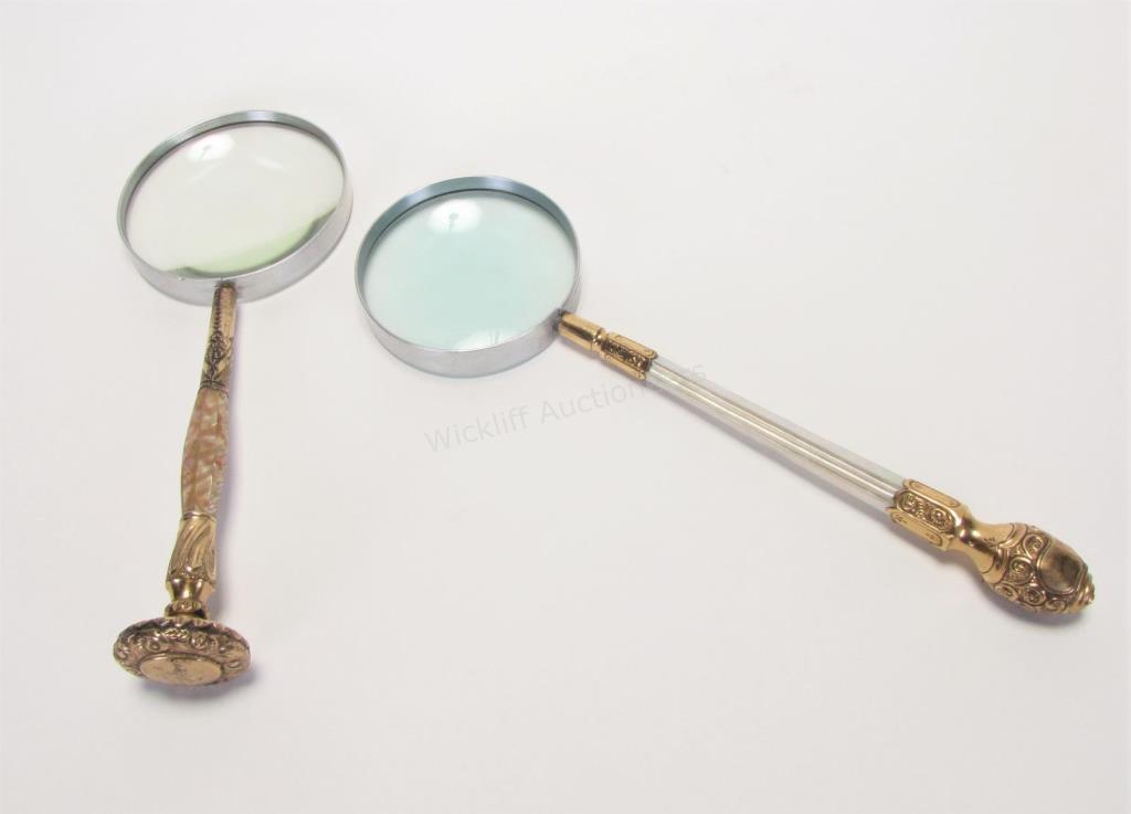 Appraisal: Two Antique Magnifying Glasses large magnifying glass with gold and