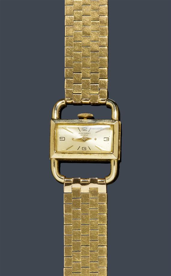 Appraisal: LADY'S WRISTWATCH JEAN PERRET s Yellow gold g Rectangular case