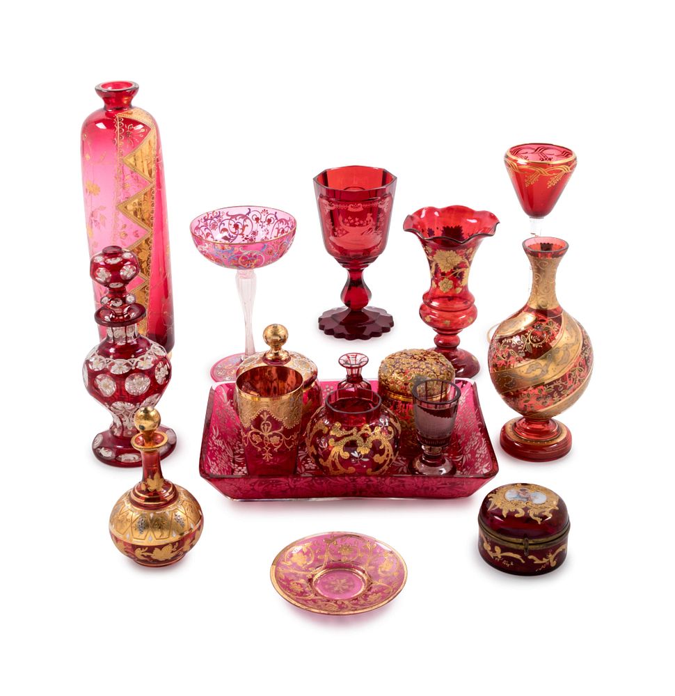 Appraisal: A Collection of Continental Gilt and Enameled Ruby Glass Articles