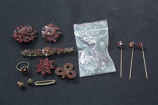 Appraisal: THIRTEEN PIECES OF GARNET JEWELRY Lot includes three stick pins