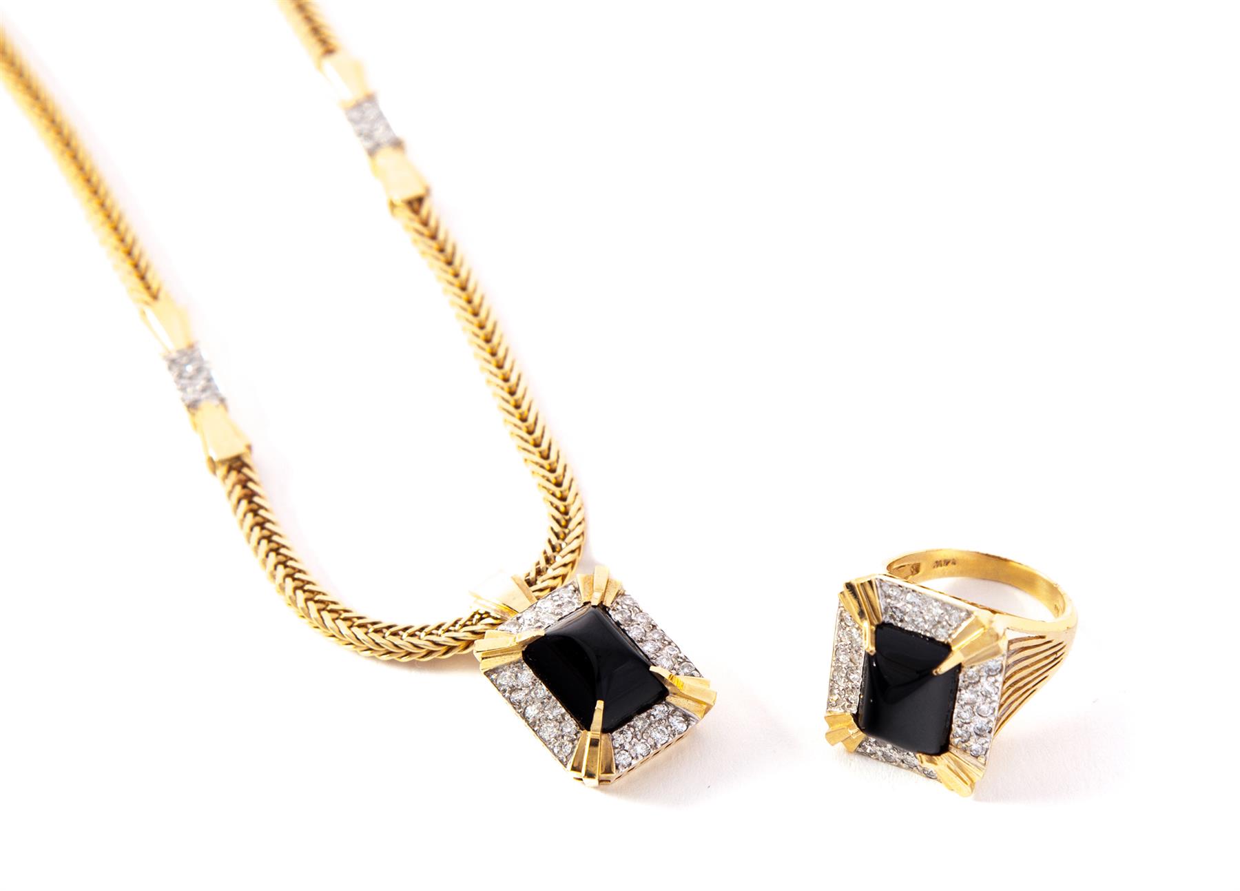 Appraisal: KARAT GOLD ONYX AND DIAMOND NECKLACE AND RING American th