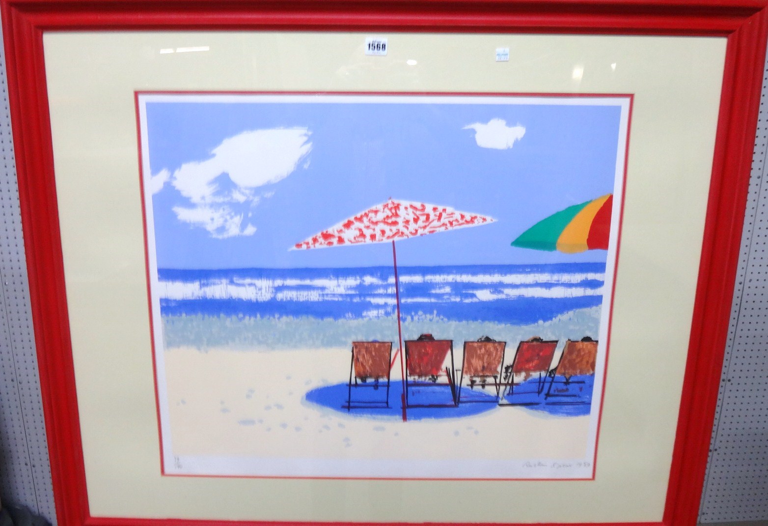 Appraisal: Ruskin Spear - Deckchairs and sunshades on the beach colour