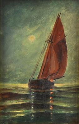 Appraisal: Cetka Timms American th Century Sailboat in moonlight Oil on