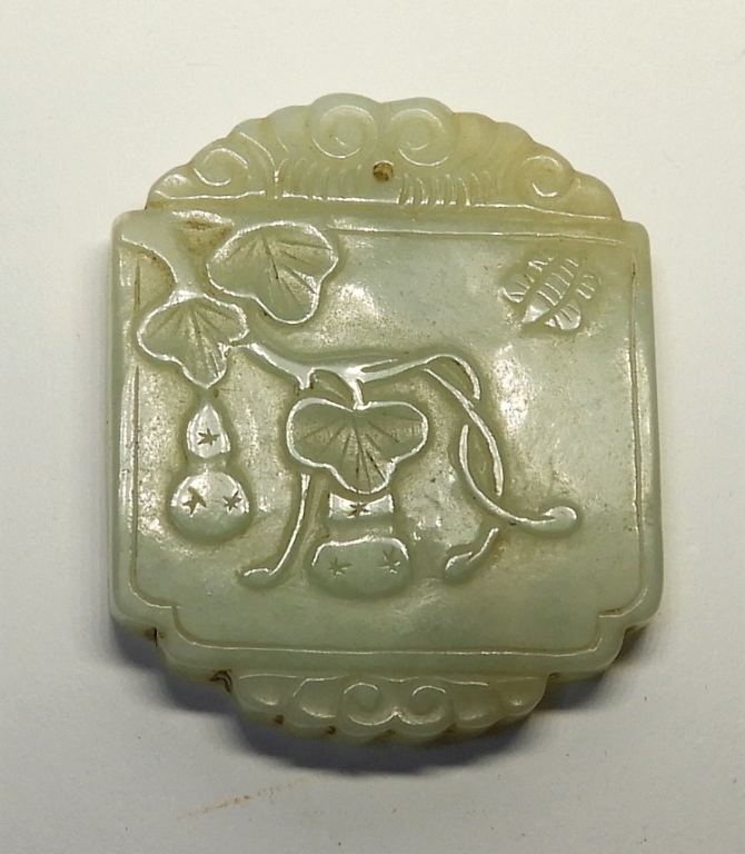 Appraisal: CHINESE QING DYNASTY CELADON JADE GOURD AMULET China Qing DynastyTwo