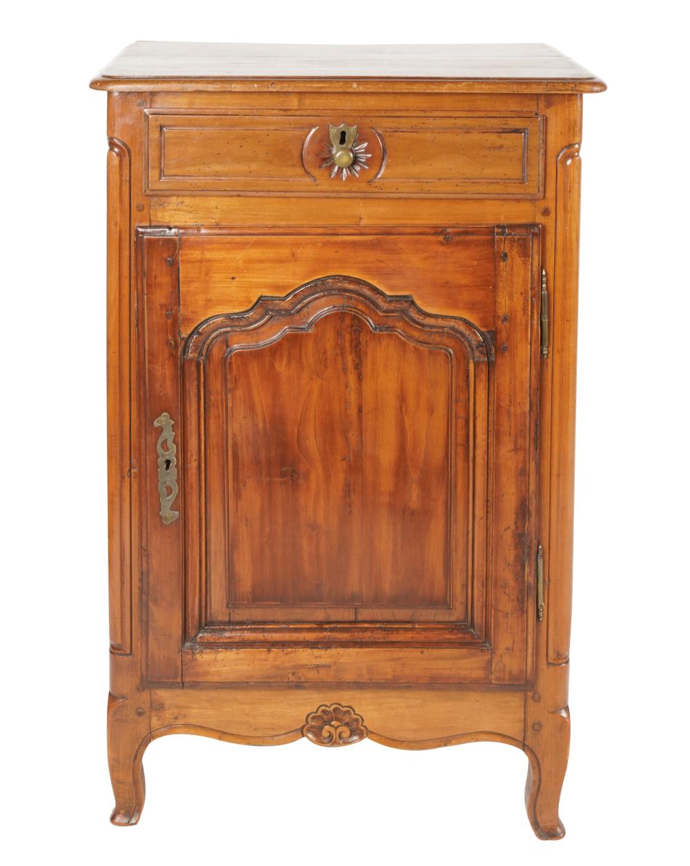 Appraisal: FRENCH PROVINCIAL SIDE CABINEThaving a fabric-lined drawer over a door