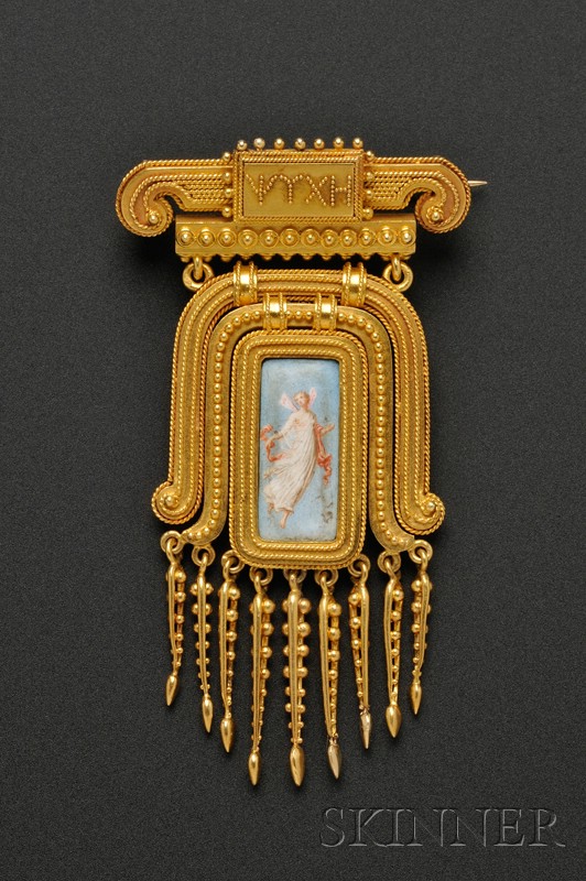 Appraisal: Etruscan Revival kt Gold and Enamel Brooch Eugene Fontenay c