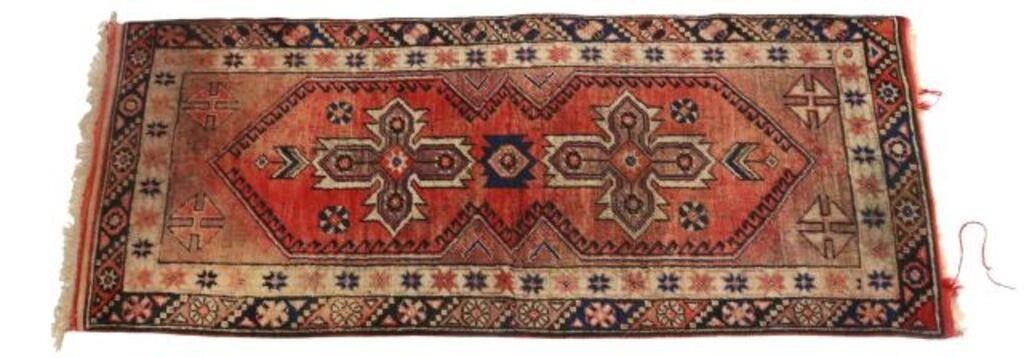 Appraisal: Hand-tied Turkish geometric runner intact with sewn repair to center