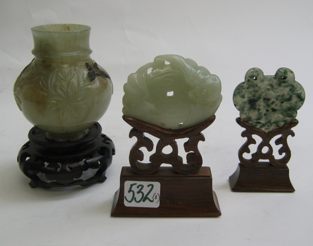 Appraisal: THREE ASIAN JADITE ART OBJECTS One is a miniature vase