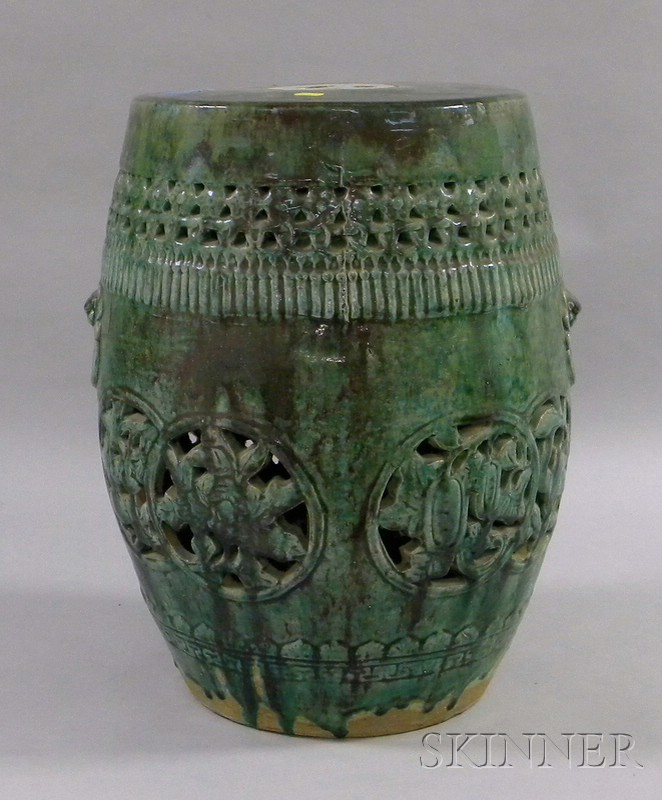 Appraisal: Chinese Export Green Glazed Reticulated Ceramic Barrel-form Garden Seat approx