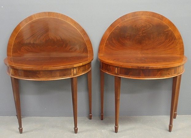 Appraisal: - Pair of Hepplewhite style inlaid mahogany demilune tables h