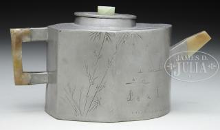 Appraisal: YIXING LINED PEWTER TEAPOT Early th century China Pewter pot