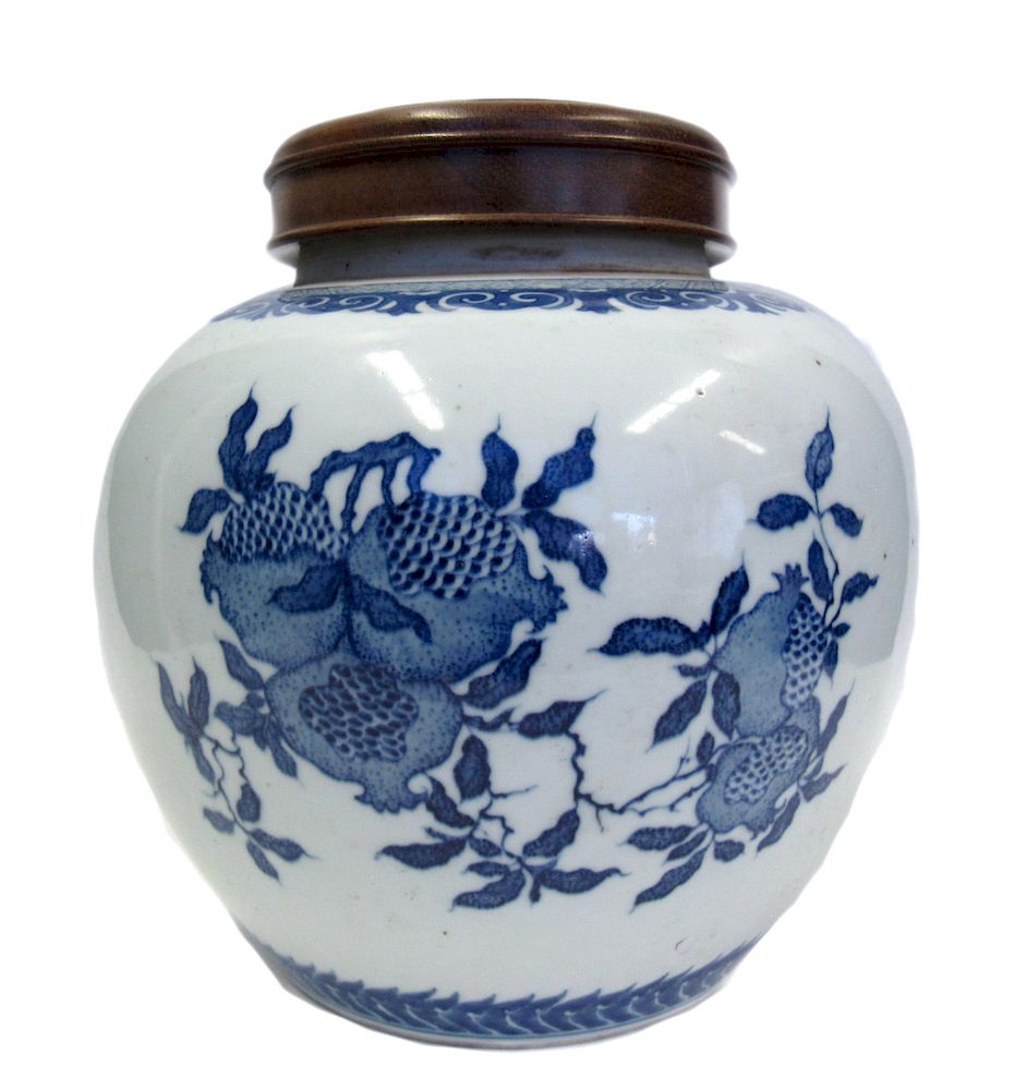 Appraisal: Blue White Ginger Jar with Rosewood Lid Painted with pomegranates