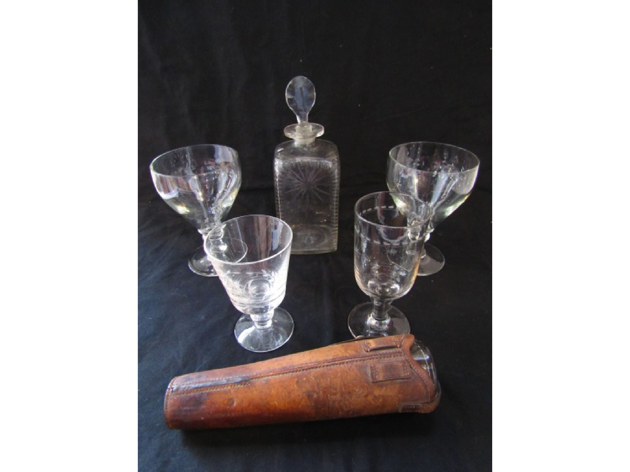 Appraisal: A clear cut glass hunting flask with plated mount set