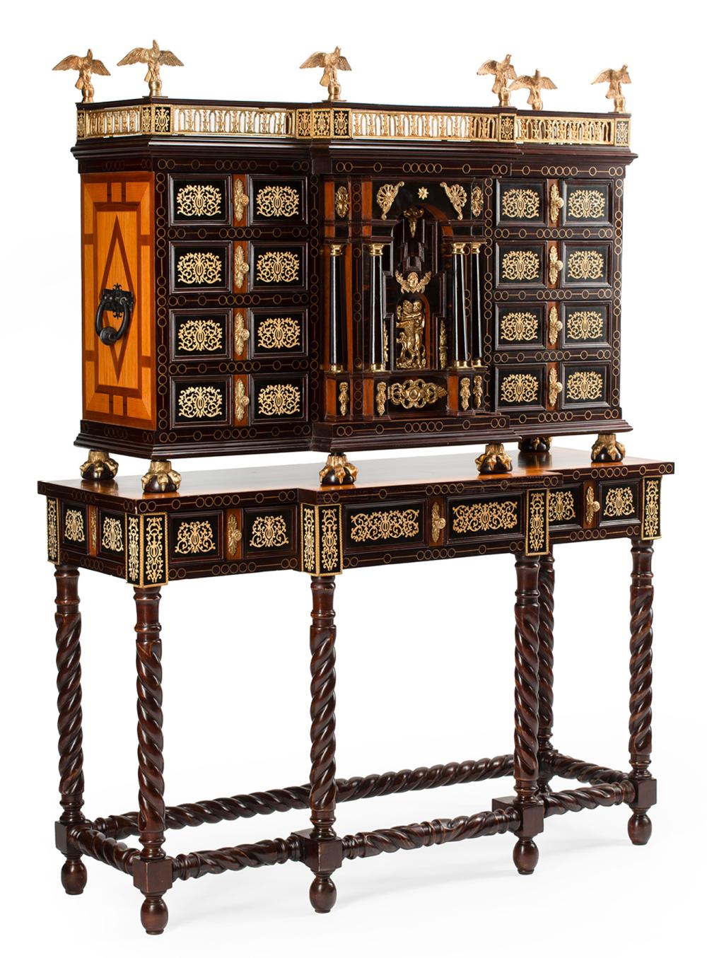 Appraisal: Spanish Renaissance-Style Bronze-Mounted Ebonized and Inlaid Walnut Vargueno on Stand