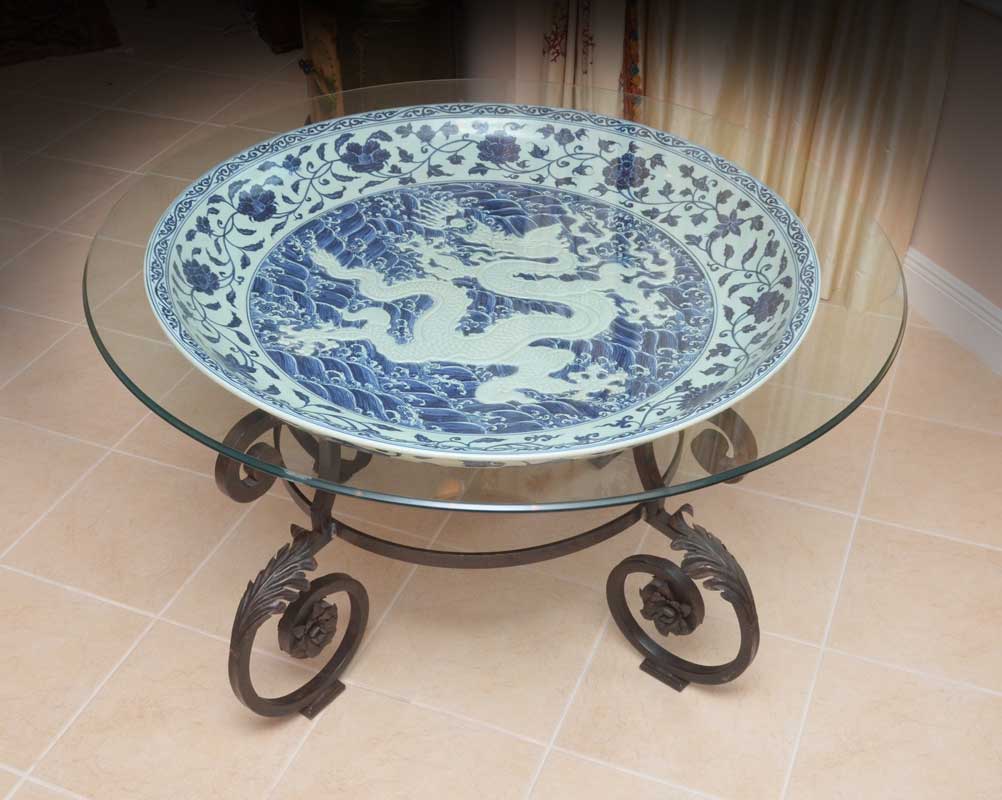 Appraisal: CHINESE BLUE AND WHITE CHARGER TABLE WITH IRON BASE Beveled