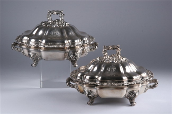 Appraisal: PAIR WILLIAM IV SHEFFIELD PLATE COVERED CHAFING DISHES Circa Oval