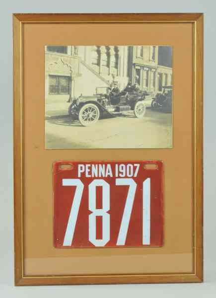 Appraisal: FRAMED TOURING AUTO PENN LICENSE PLATE Interesting photo of passengers