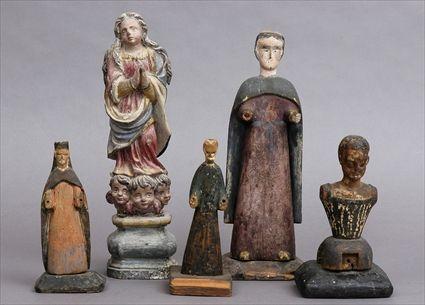 Appraisal: FIVE SPANISH COLONIAL SANTOS FIGURES Comprising a praying Madonna above