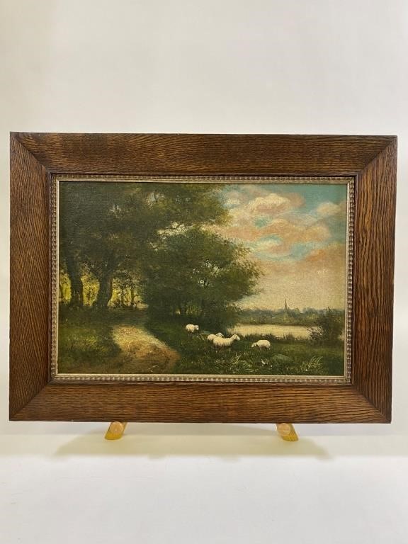 Appraisal: J Davis oil on canvas landscape of sheep grazing mounted