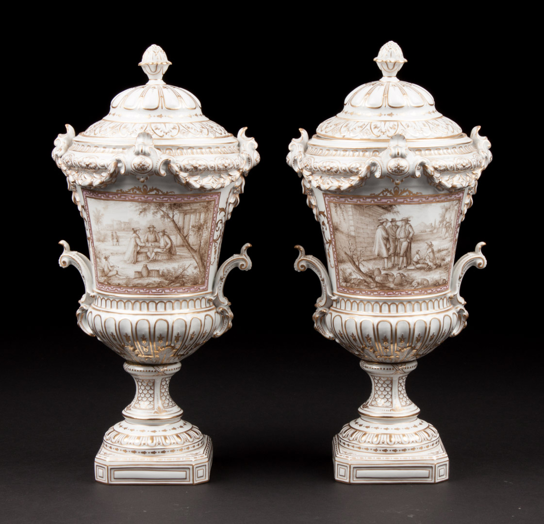 Appraisal: Pair of Dresden porcelain covered urns early th century each