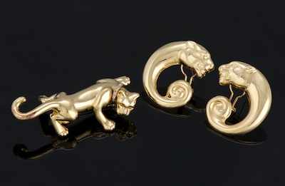 Appraisal: A Ladies' Panther Brooch and Earrings Set k yellow gold