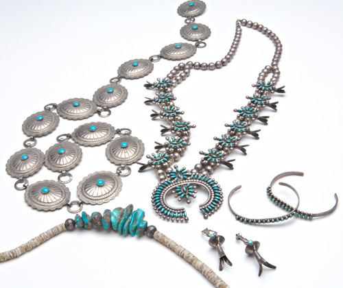 Appraisal: NATIVE AMERICAN Assembled suite of six turquoise and silver pieces