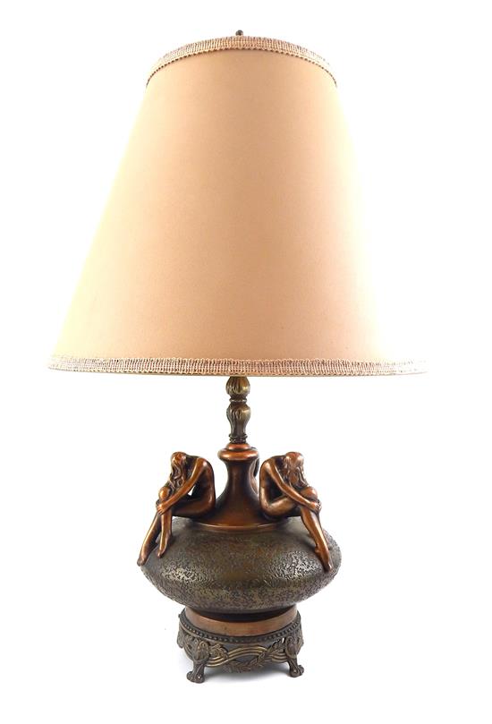 Appraisal: Olive Kooken American b Deco bronze figural table lamp bulbous