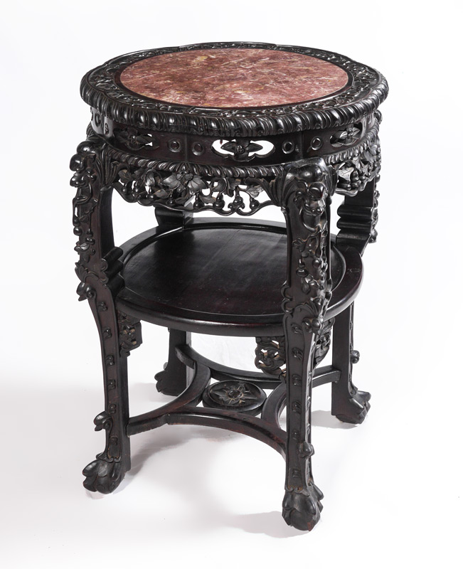 Appraisal: CHINESE CARVED MARBLE INSET PLANT STAND Round inset marble top