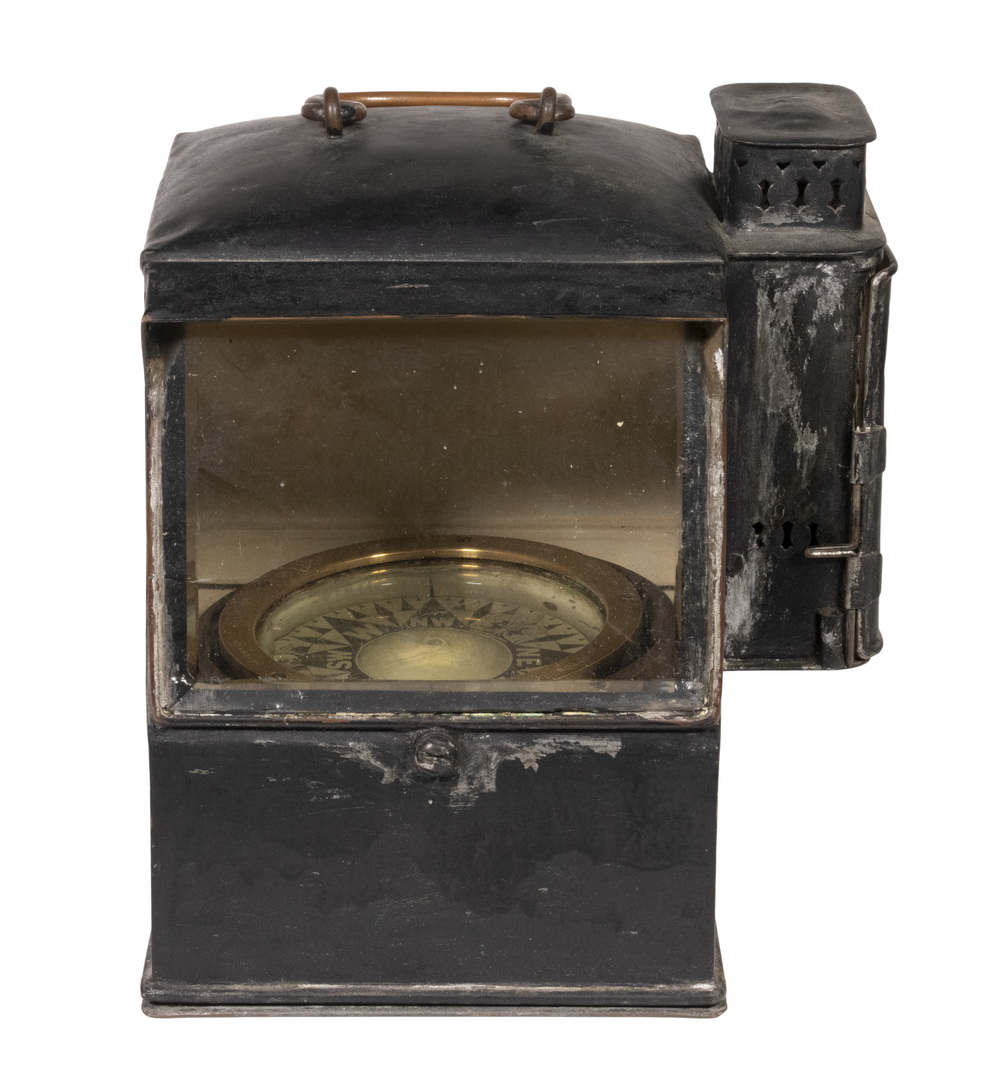 Appraisal: WHALE BOAT COMPASS BINNACLE Late th c Tin Cased Binnacle