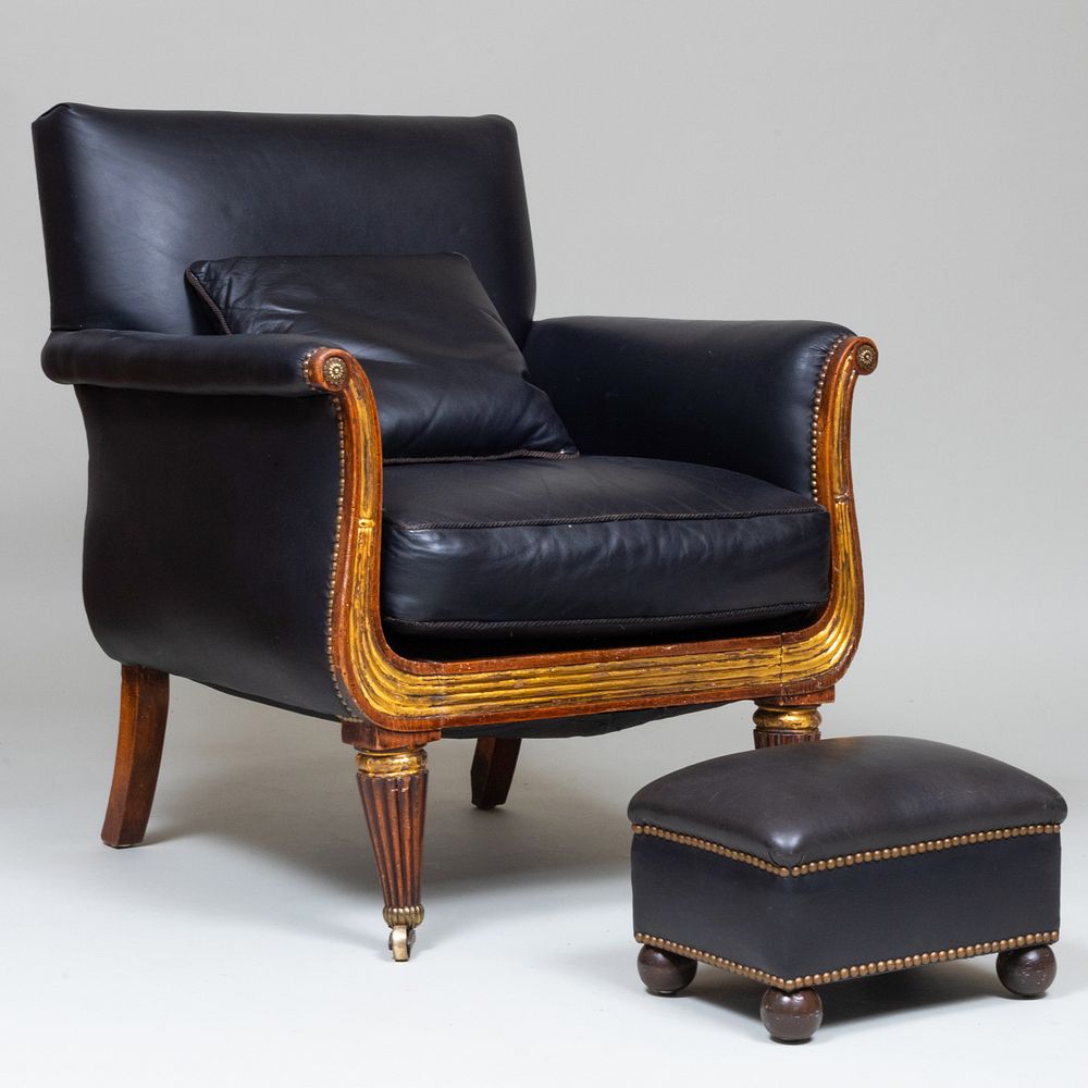 Appraisal: Regency Mahogany and Parcel-Gilt Leather Upholstered Berg re Together with