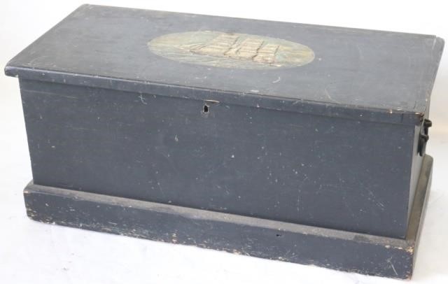 Appraisal: TH C BOARD LIFT-TOP SEA CHEST BLACK PAINTEDFINISH WITH RELIEF