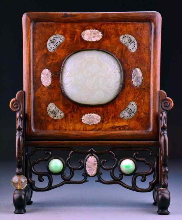 Appraisal: Chinese Qing Jade Inlaid Table ScreenThe hardwood placque probably Huanghali