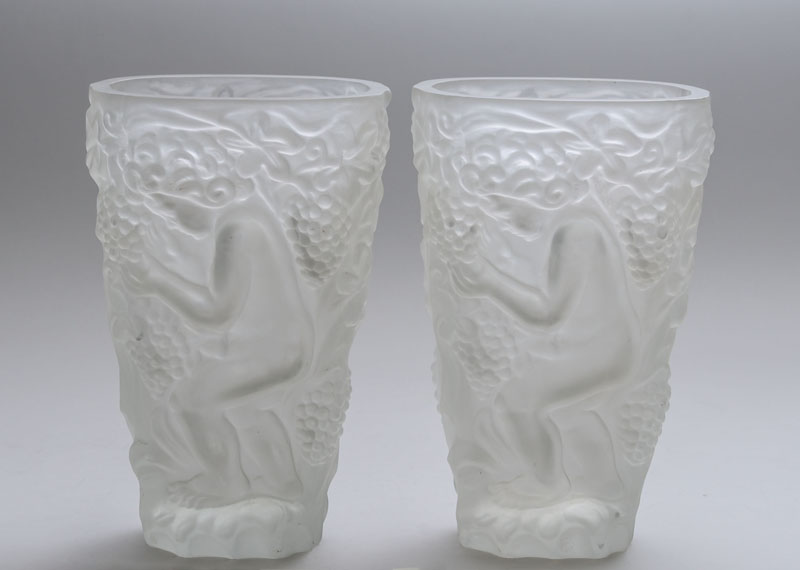 Appraisal: PAIR OF BOHEMIAN RELIEF-MOLDED GLASS VASES IN THE ART DECO