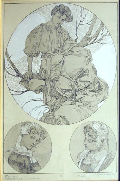 Appraisal: pieces Tinted Lithographic Plates Mucha A lphonse M Figures Decoratives