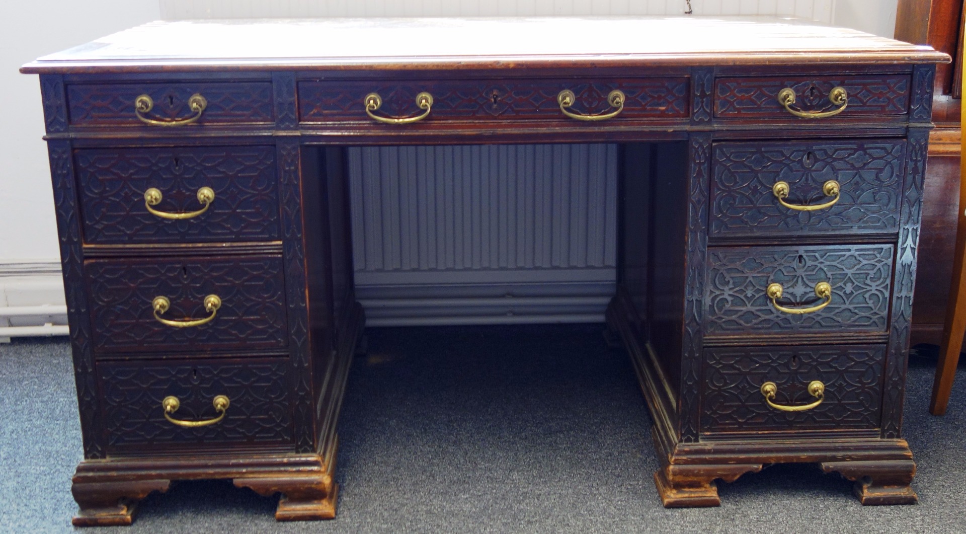 Appraisal: A th century mahogany pedestal writing desk with nine blind