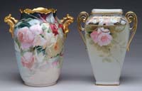 Appraisal: TWO HANDPAINTED VASES German vase with gilt handles decorated with